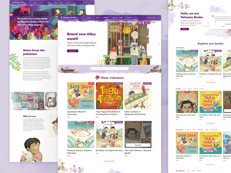 Several snapshots showcasing the revamped Tahanan Books website.